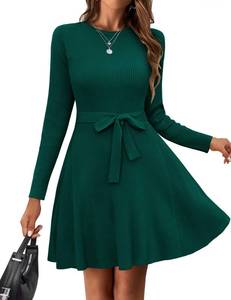 lot 3309 image: HOTOUCH Women 2024 Fall Sweater Dress Crewneck Long Sleeve Ribbed Knit Bodycon Pullover Casual Dress with Belt Green S - Retail $40