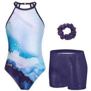 lot 3312 image: Zaclotre Girls Leotards for Gymnastics Sparkly Sleeveless Dance Outfits with Gym Shorts Dark Purple Marbel 7-8Y