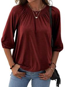 lot 3314 image: Grlasen Womens Solid Crew Neck T Shirt Blouse Cotton Half Sleeve 34 Sleeve Casual Loose Pleated Basic Tops (STOCK PHOTO DIFFERENT COLOR - BLACK) XXL