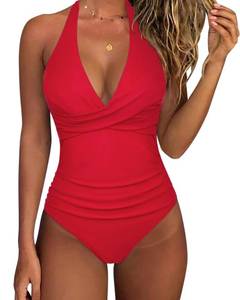 lot 3315 image: SUUKSESS Women Sexy Tummy Control One Piece Swimsuits Halter Push Up Monokini Bathing Suits (Red, M) - Retail $38