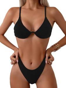 lot 3325 image: Fanuerg Women Underwire Triangle Bikini Spaghetti Strap Push Up Swimsuit Cheeky Two Piece Bathing Suit Black XL - Retail $30