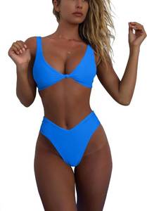 lot 3342 image: geluboao Blue High Leg Cheeky Bikini Sets for Women Sexy Knot Front Push Up Swimsuit Brazilian Cut High Waisted Bathing Suit 2 Piece L - Retail $30