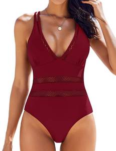 lot 3350 image: AIMAGE Women One Piece Swimsuit Sexy V Neck Bathing Suits Tummy Control Swimsuits Mesh Hollow Out Swimwear Red, XL