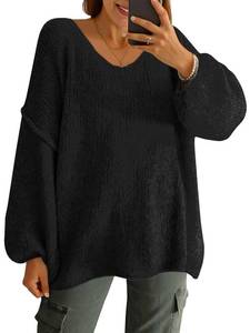 lot 3358 image: Saodimallsu Womens Oversized V Neck Sweaters Chunky Knit Lantern Long Sleeve Fall Winter Slouchy Tunic Sweater Tops Black Large - Retail $35