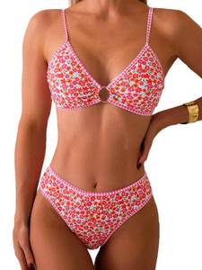 lot 3364 image: Fanuerg Womens Triangle Bikini Sets O Ring Linked Two Piece Swimsuits Floral Printed Cheeky Bathing Suit Red Floral L - Retail $30