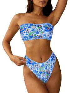 lot 3371 image: ZAFUL Women Strapless Wave Bandeau Bikini 2 Piece Swimwear Cheeky Solid Lace up Bathing Suits(8-2Blue Print,S) - Retail $33