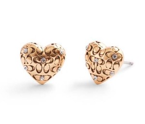 COACH, Women's, Signature Quilted Heart Stud Earrings, Crystal/Gold, One Size - Retail $50