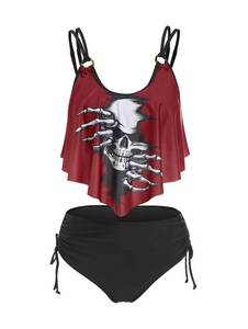 lot 3391 image: DRESSFO Womens Bikini Set High Waisted Bikini Two Piece Bathing Suit Tummy Control Tankini Gothic Skull Swimsuit (Black 2X) - Retail $30