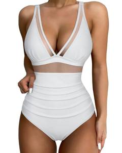 lot 3402 image: SUUKSESS Women Slimming Tummy Control One Piece Swimsuits Sexy Mesh High Waisted Monokini Bathing Suits (White, XL) - Retail $38