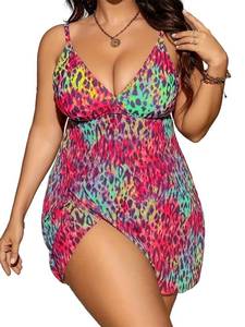 lot 3403 image: WKQSCNLR Womens Two Piece Plus Size Leopard Print Tank Tops Tankini Swimsuits with High Waisted Bikini Bottom Modest Tummy Control V Neck Bathing Suit Swimdress 4XL Red - Retail $35