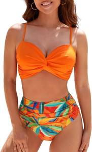 lot 3412 image: SEAFORM Womens Bikini Sets Two Piece Tummy Control Swimsuit High Waist V-Neck Beachwear Twist Front Straps Bathing Suits Orange Large