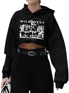 lot 3418 image: Remidoo Graphic Hoodie for Women Fleece Cropped Sweatshirt Long Sleeve Crop Top Casual Pullover Sweater Black Small