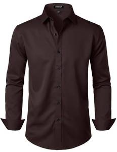 lot 3420 image: JEMITOP Mens Stretch Wrinkle Free Dress Shirts Formal Wedding Prom Long Sleeve Button Down Shirt Coffee Brown M