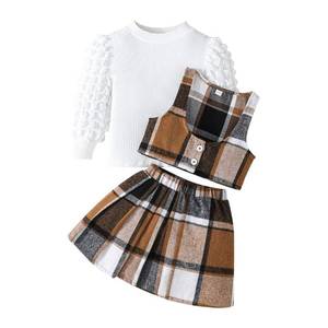 lot 3421 image: Guodeunh Toddler Girls Plaid Outfits Puff Sleeve Knit Ribbed Tops Button Down Vest Plaid Skirt Set Girls Fall Winter Clothes (Brown,8 Years)