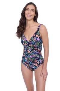 lot 3445 image: Profile by Gottex Black Multi-Color Elegant and Stylish Womens V-Neck One Piece Bathing Suit with Soft Cups and Tummy Control Size- 44D - Retail $45