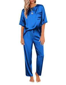 lot 3464 image: Ekouaer Womens Silk Satin Pajamas Set Two Piece Pj Sets Sleepwear Loungewear Short Sleeve Pj Sets Royal Blue Medium