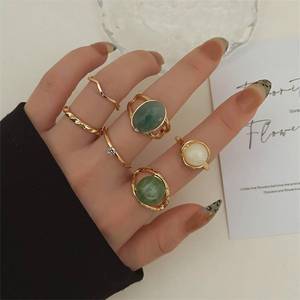lot 3482 image: Rrdaily Boho Knuckle Ring Sets for Women,Gold Green Gem Stackable Rings Vintage Green Knuckle Gems Rings Good Luck Midi Finger Rin Aesthetic Statement Thumb Ring Set Jewelry (A) size 8.5