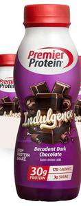 lot 3489 image: Premier Protein Shake INDULGENCE, Decadent Dark Chocolate, 30g Protein, 170 Calories, 3g Sugar, 11.5 fl oz, 4 Pack (BB FE.19.26)
