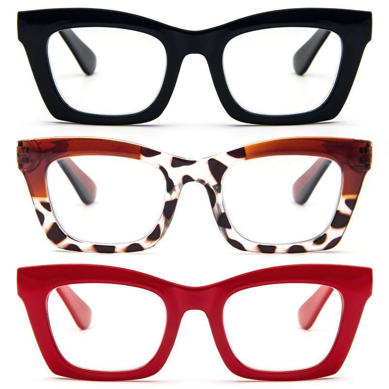 lot 55578 image: 3 Pack Oprah Style Reading Glasses for Women Blue Light Blocking, Oversized Cute Square Fashion Computer Readers with Spring Hinge 1.0 - Retail $12