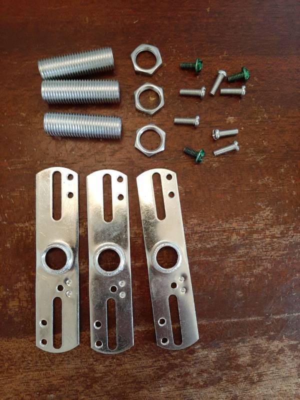 lot 55633 image: 4 Light Crossbar Kit, 3 Set Universal Light Fixture Mounting Bracket with 14IP Tap Center Hole Ceiling Light Plate Canopy Hardware Set for Chandelier Wall Light, Silver Tone - Retail $10
