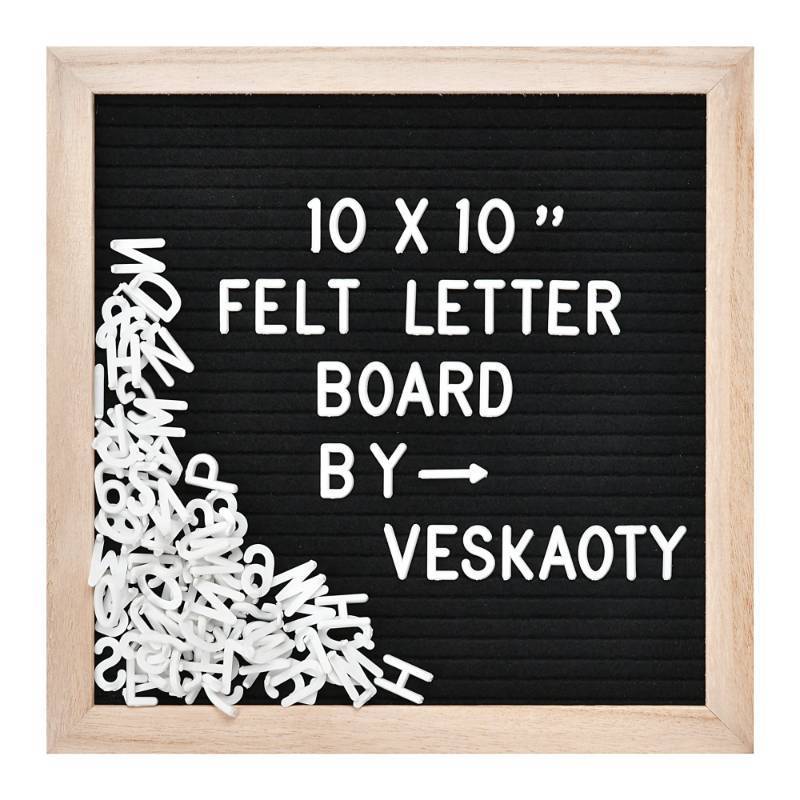 lot 55660 image: Felt Letter Board with 294 Letters, Numbers & Symbols - 10 x 10 inch Changeable Message Board with Wooden Frame Wall Mount Hook, Black & Wood - Retail $12