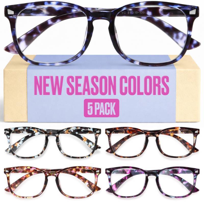 lot 55702 image: CCVOO 1.25 Clear Vision Reading Glasses for Women 5-Pack Blue Light Filtering Readers with Spring Hinges - Retail $14