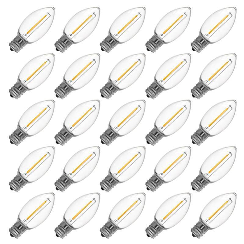 lot 55710 image: C9 Led Replacement Christmas Light Bulb, 25 Pack C9 Shatterproof Led Bulbs for Christmas Outdoor String Lights, E17 Intermediate Base, Commercial Grade Holiday Bulbs, Warm White - Retail $20
