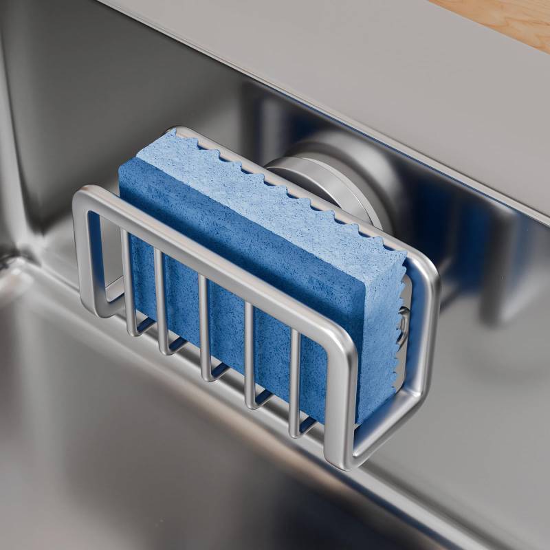 lot 55711 image: Sponge Holder for Kitchen Sink with Strong Suction Cup, Removable Sponge Holder, Rustproof Aluminum Sink Caddy for Sponges, Dish Brush - Silver - Retail $15