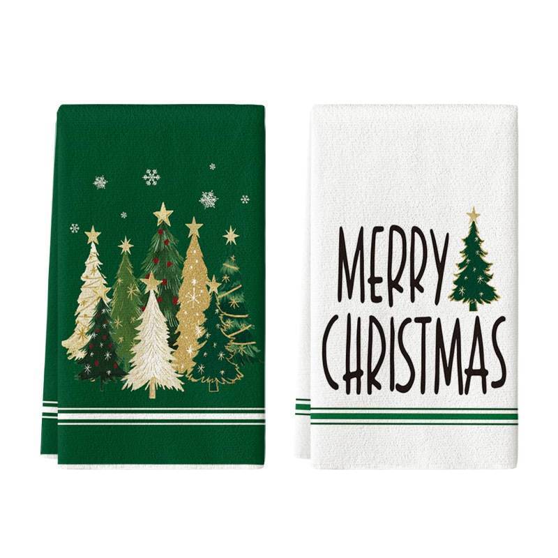 lot 55715 image: Green Xmas Tree Merry Christmas Kitchen Towels Dish Towels, 18x26 Inch Farmhouse Star Snowflakes Decoration Cleaning Set of 2 - Retail $14