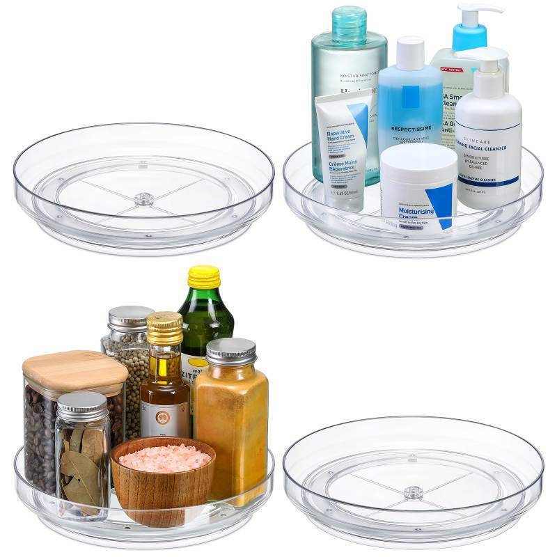lot 55723 image: 4 Pack 9 Inch Clear Acrylic Lazy Susan, Non-Skid Turntable Organizer for Cabinet, Kitchen, Pantry Organization Storage, Refrigerator, Vanity Makeup, Bathroom Countertop Organizing, Rotating Spice Rack - Retail $20