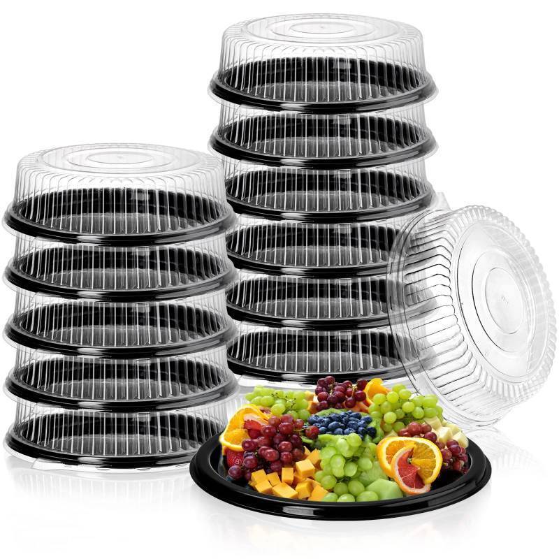 lot 55738 image: 12 Pack 12 Inch Plastic Serving Tray with Lid, Disposable Plastic Food Serving Platters with Clear Dome Lids, Stackable Round Trays for Party, Takeout Food, Catering, Picnic - Retail $36