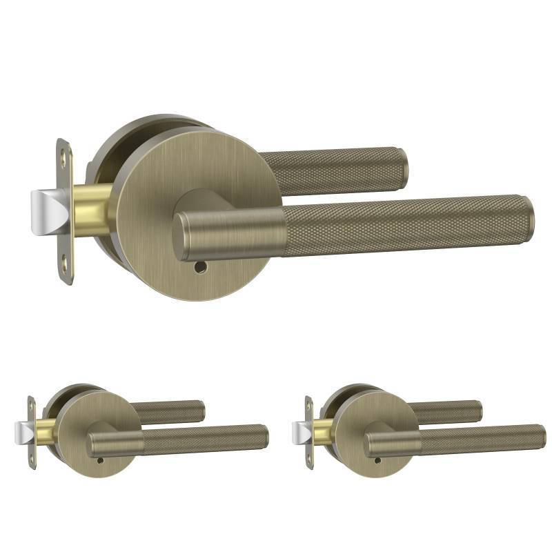 lot 55745 image: 3 Pack Brushed Antique Brass Door Handles Interior, Knurled Privacy Door Handles, Heavy Duty Door Lever for Bedroom or Bathroom, Reversible Keyless for Left Right Handed Doors AM0016 - Retail $86