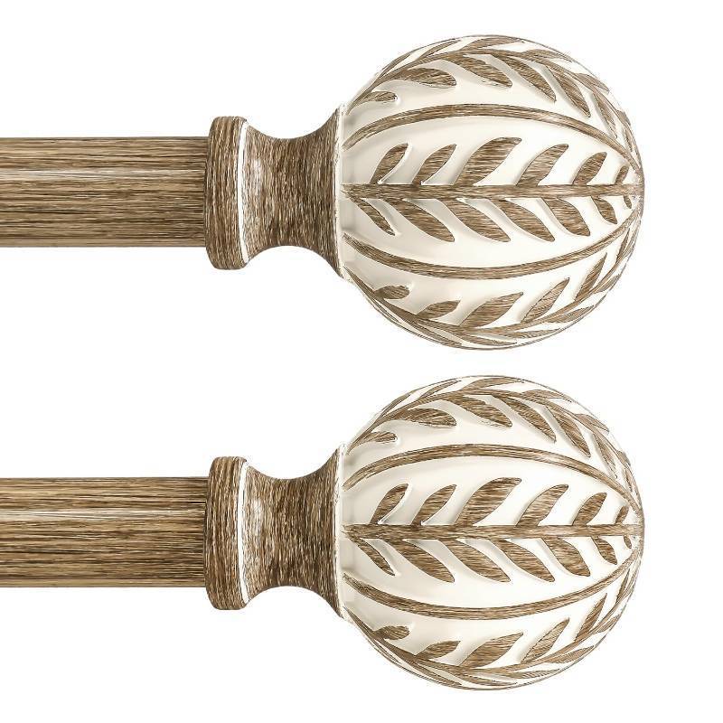 lot 55775 image: 2 Pack Boho Wood Curtain Rods for Windows 28 to 48 inch,1 Adjustable Heavy Duty Window Curtain Rod with Imitation Wood Grain Finials, Rustic Decorative Drapery Rods Set 18-60,Weathered Wood - Retail $43