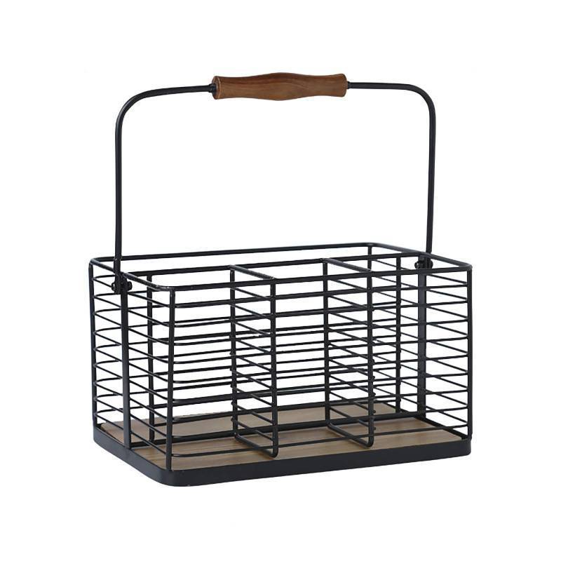 lot 55776 image: Utensil Holder Kitchen Condiment Organizer Utensil Caddy Storage Basket Organizer Metal Flatware Caddy with Wood Handle. MISSING Hardware. - Retail $27