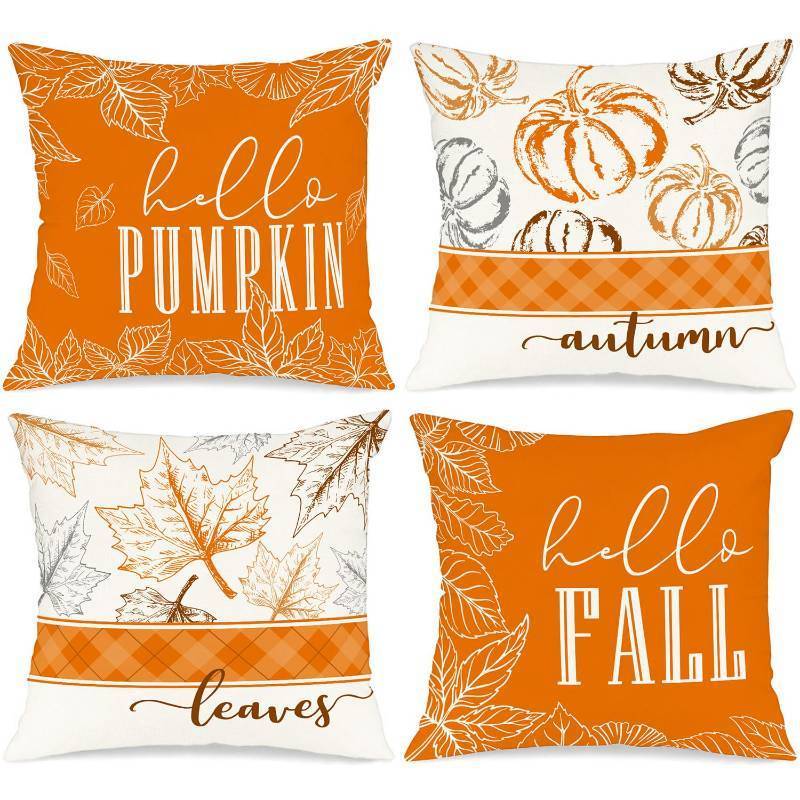 lot 35194 image: 14x14 Fall Pillow Covers Set of 4, Hello Pumpkin Decorative Holiday 14 x 14 Autumn Cushion Covers Thanksgiving Pillow Case for Indoor Home Bedroom Couch Sofa Decor Orange