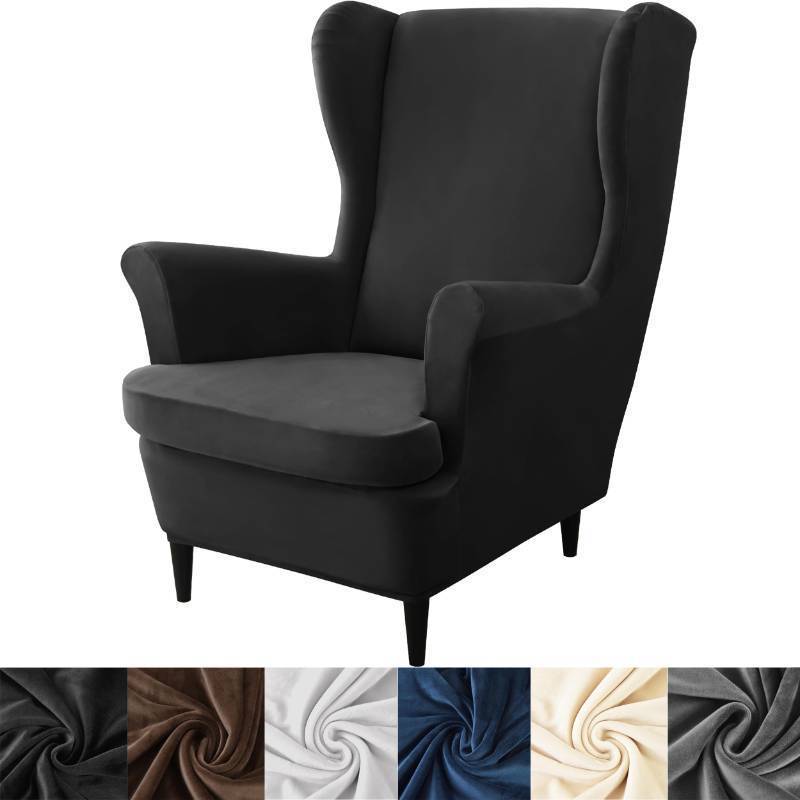 lot 15545 image: Wingback Chair Covers, 2 Piece Stretch Velvet Wingback Chair Slipcover-Thick Wing Back Chair Covers with Arms-Wing Chair Slipcover-Wing Back Chair Slipcovers with Elastic Bottom Black
