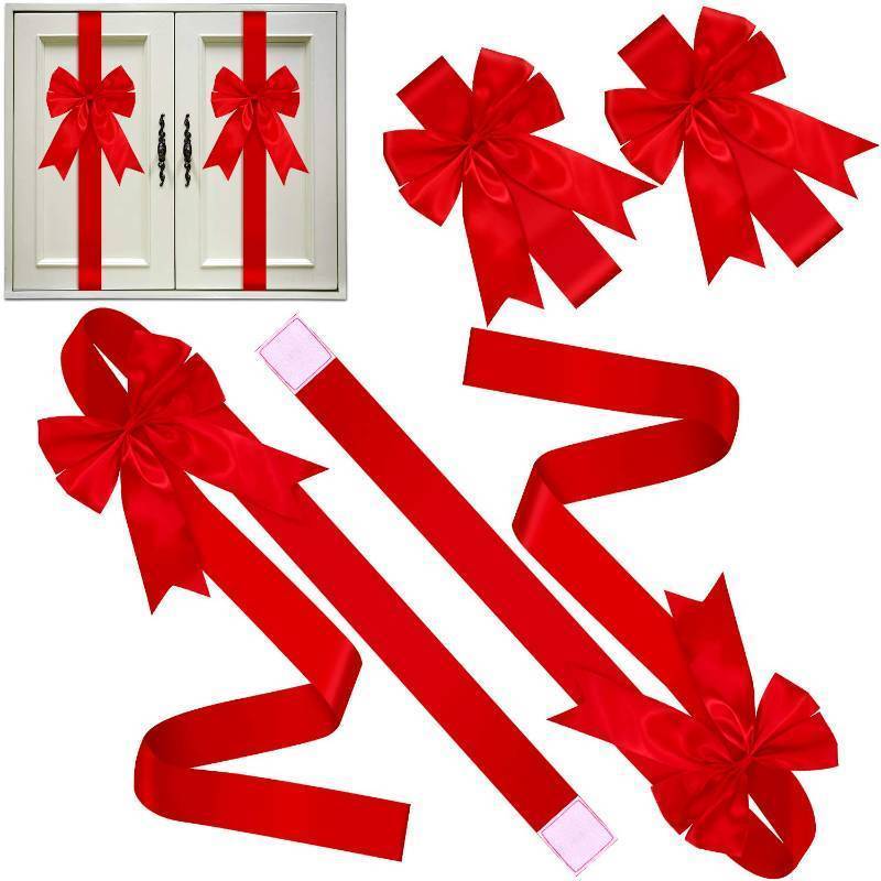 lot 15580 image: 6 Pcs Cabinet Door Red Festive Ribbons 8x40 Inches Large Bow Christmas Wreath Bow Festival Wrapping Decorations for Chinese New Year Valentines Day Fireplace Home Door Holiday Party Supplies - Retail $21