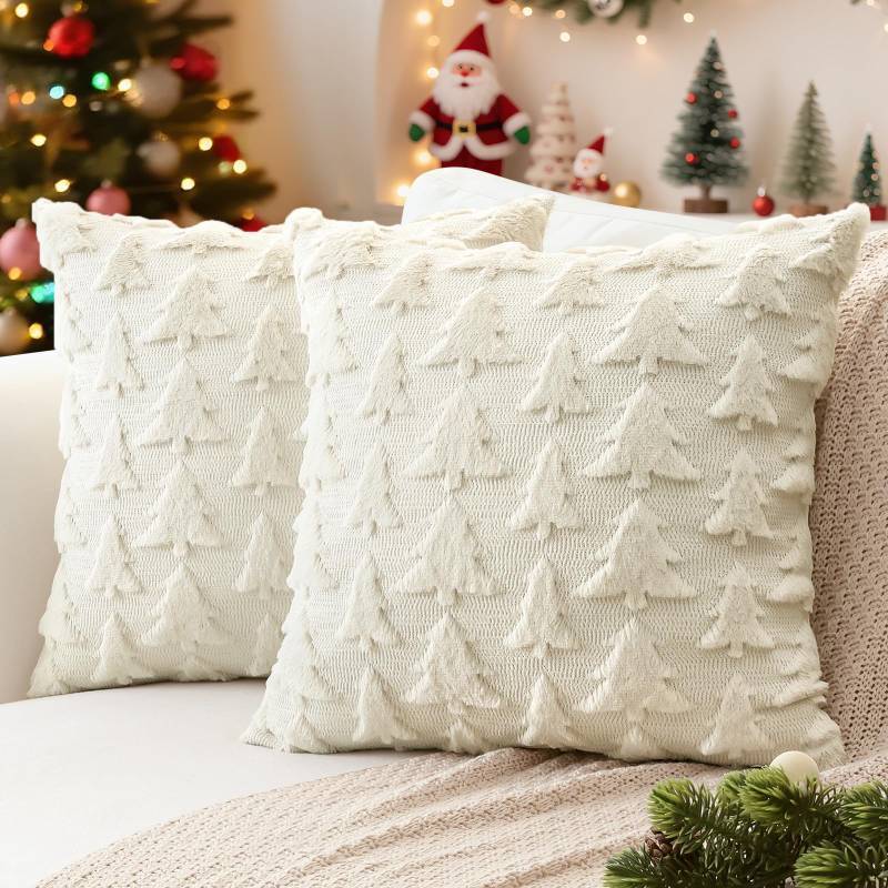 lot 15639 image: Christmas Tree Pillow Covers 18x18 Set of 2 Decorative Winter Holiday Throw Pillow Cases Soft Plush Faux Fur Couch Cushion Case for Christmas Sofa Bed Room Home Decor-Beige - Retail $16