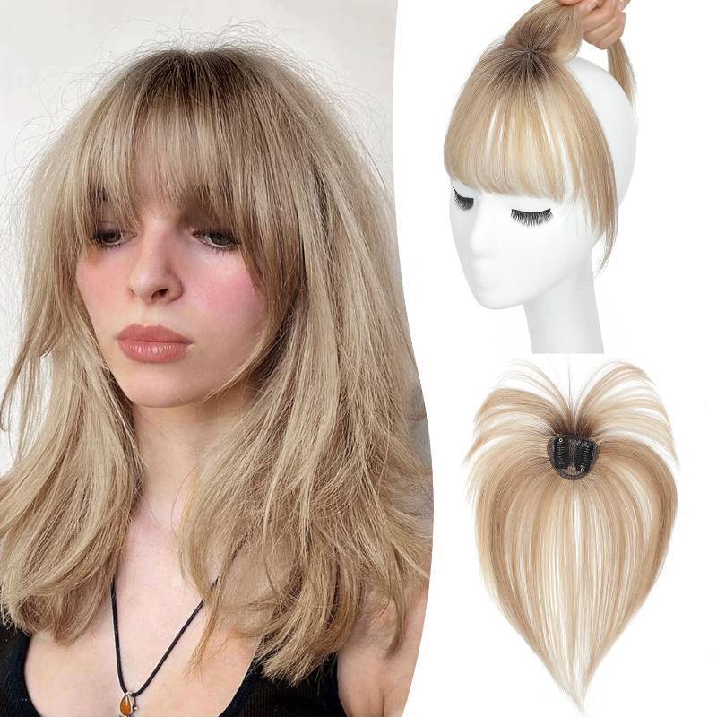 lot 15695 image: Clip In Bangs Real Human Hair Bangs Hair Clip 360° Natural Fringe Extensions with Invisible Clips for Instant Hair Makeover Hairpieces Natural Look, Lightweight & Reusable Hairpiece for Women - Retail $30