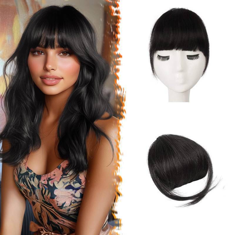 lot 15696 image: Real Human Hair Clip in Bangs - Natural Black Clip in Human Hair Bangs for Women - Natural Black Thick Bangs Extensions Fringe with Temples Real Hair Bangs Hairpieces - Retail $18