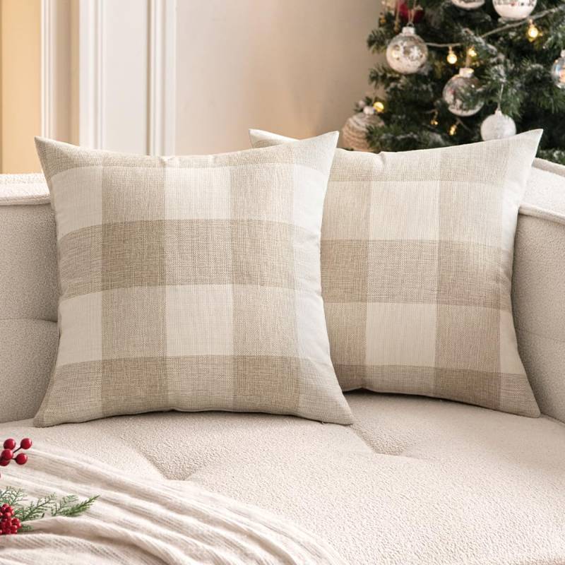 lot 15730 image: Pack of 2 Buffalo Check Throw Pillow Covers Plaids Farmhouse Throw Pillows Linen Soft Decorative Couch Pillow Covers Home Decor Cushion Case for Sofa Bedroom 20x20 Inch Cream White - Retail $16
