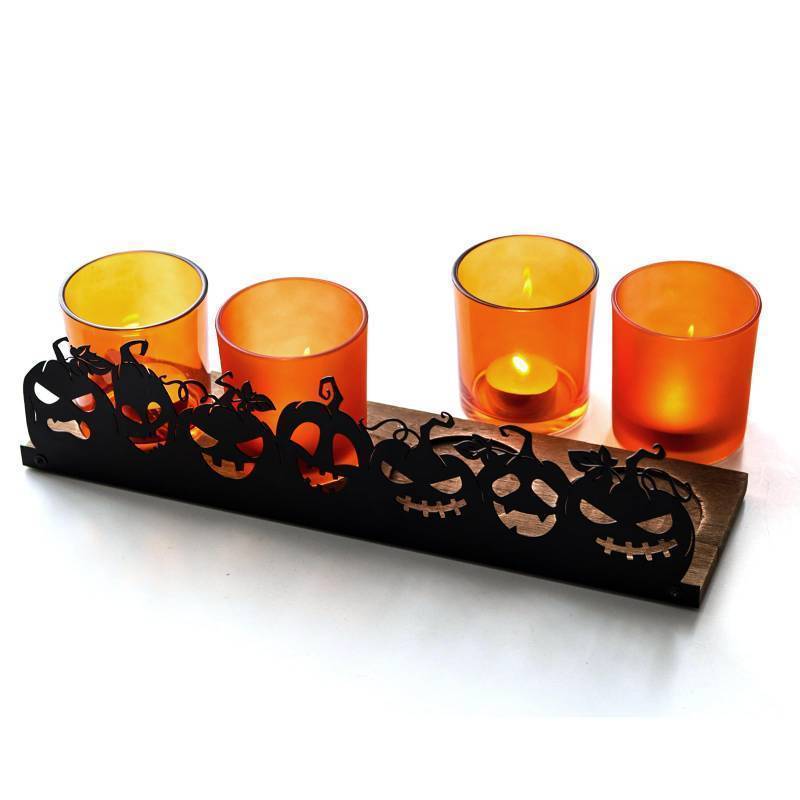 lot 25215 image: Jack o Lantern Halloween Candle Holder Set, 4 Orange Glass Votive Holders with Metal Pumpkin Charms & Wooden Tray, Spooky IndoorOutdoor Halloween Decor for Parties, Mantel, Tables - Retail $25