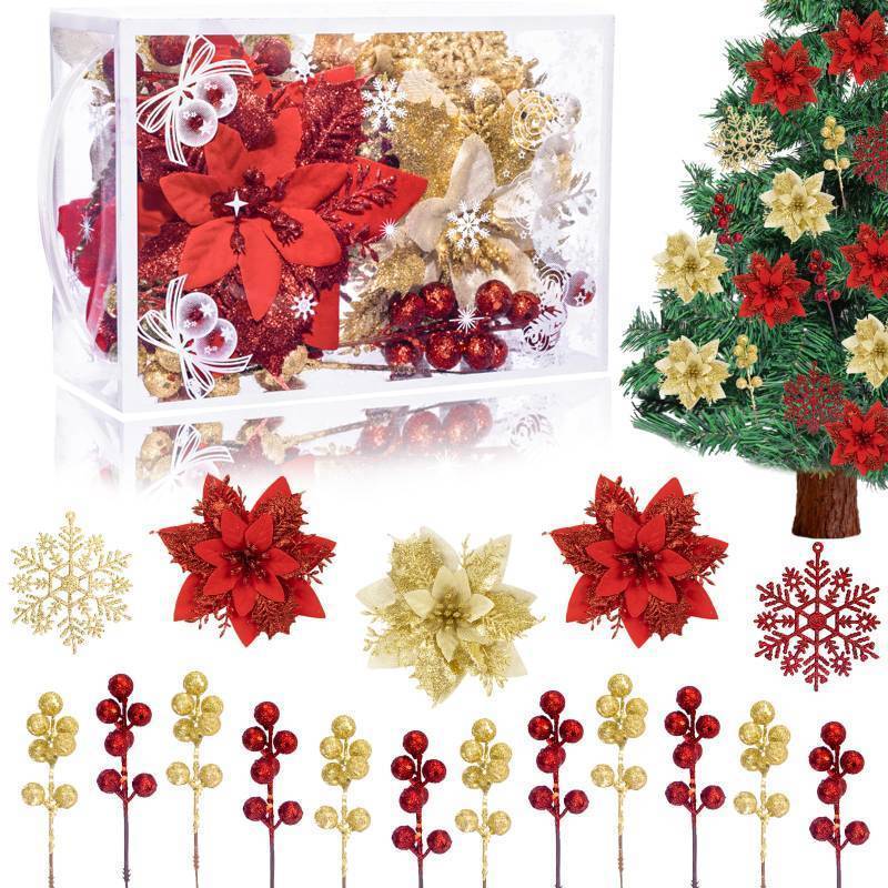 lot 35170 image: 56PCS 7 Style Poinsettia Flowers Artificial Christmas Tree Decorations Red and Gold Christmas Ornaments with Berry Stems Snowflakes Cards for Wreath Fireplace Stairs Xmas Tree Decor - Retail $18