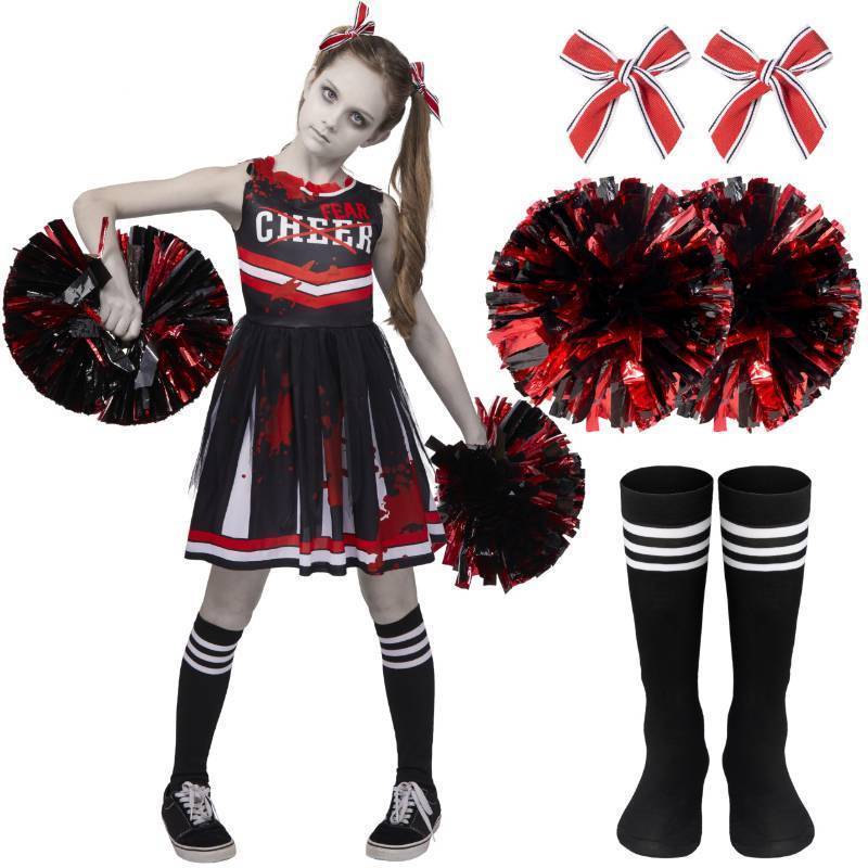 lot 35257 image: Spooktacular Creations Halloween Cheerleader Costume for Girls, Kids Zombie Cheerleader Outfit, Dead Fearleader Dress for Halloween Scary Costume Role Play Parties, Red Black