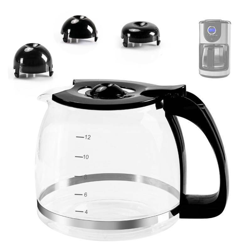 lot 35320 image: 12-Cup Glass Carafe Replacement Pot for Mr Coffee, Black & Decker, Hamilton Beach, KitchenAid, Universal Coffee Maker Carafe Pot 12 Cup- 1.8L Coffee Pot with Handle & 3 Snap-On Caps in Different Sizes - Retail $21