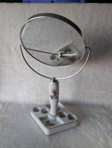 lot 2002 image: Floral Porcelain Vanity Mirror with Lipstick Holder