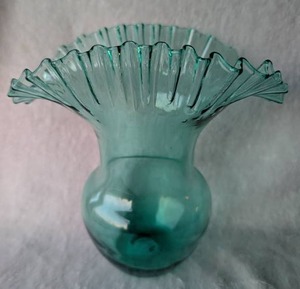 Aqua Glass Ruffled Fan Vase