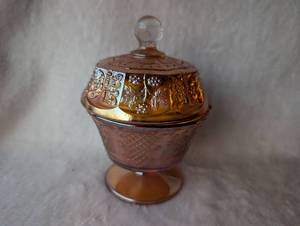 lot 2607 image: Marigold Carnival Glass Small Covered Candy Dish