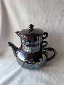 lot 3505 image: Japanese Brown Glazed Stacked Floral Tea Set