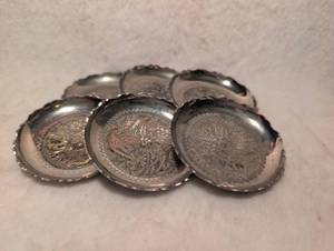 lot 3524 image: Sterling Silver Engraved Coaster Set - 6 ct